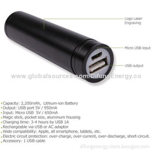 Promotional Lipstick Power Tube for Mobile Phones, with Aluminum Shell